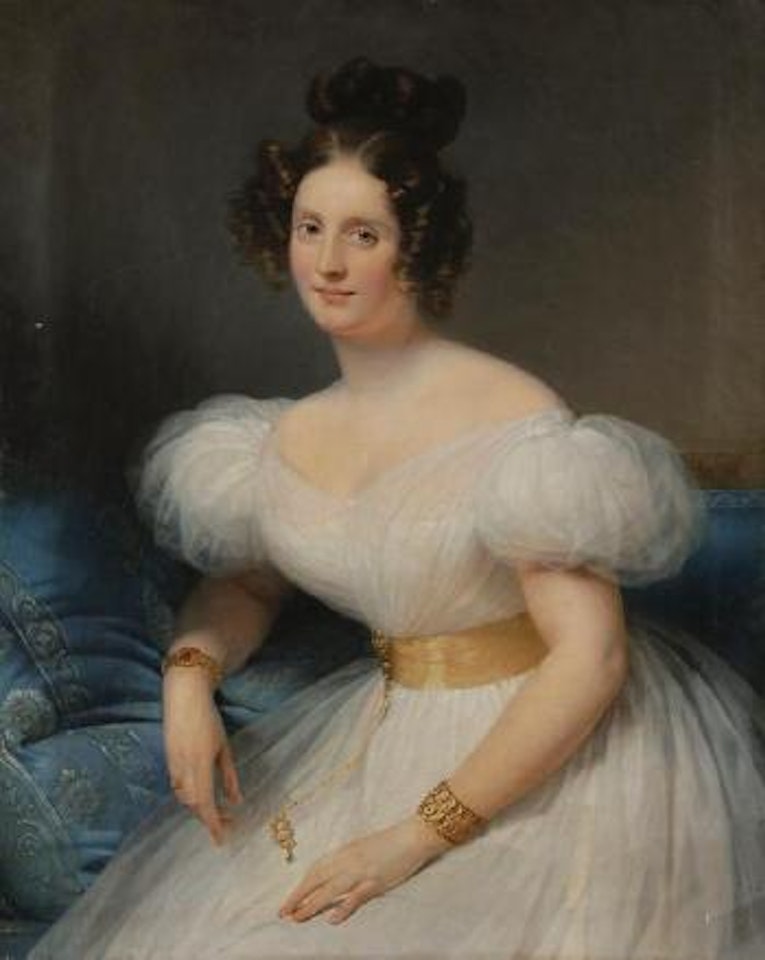Portrait de dame sur sofa bleu , by Claude Marie Dubufe