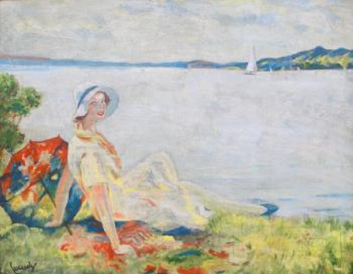 Femme assise à l'ombrelle sur le lac , by Edward Cucuel