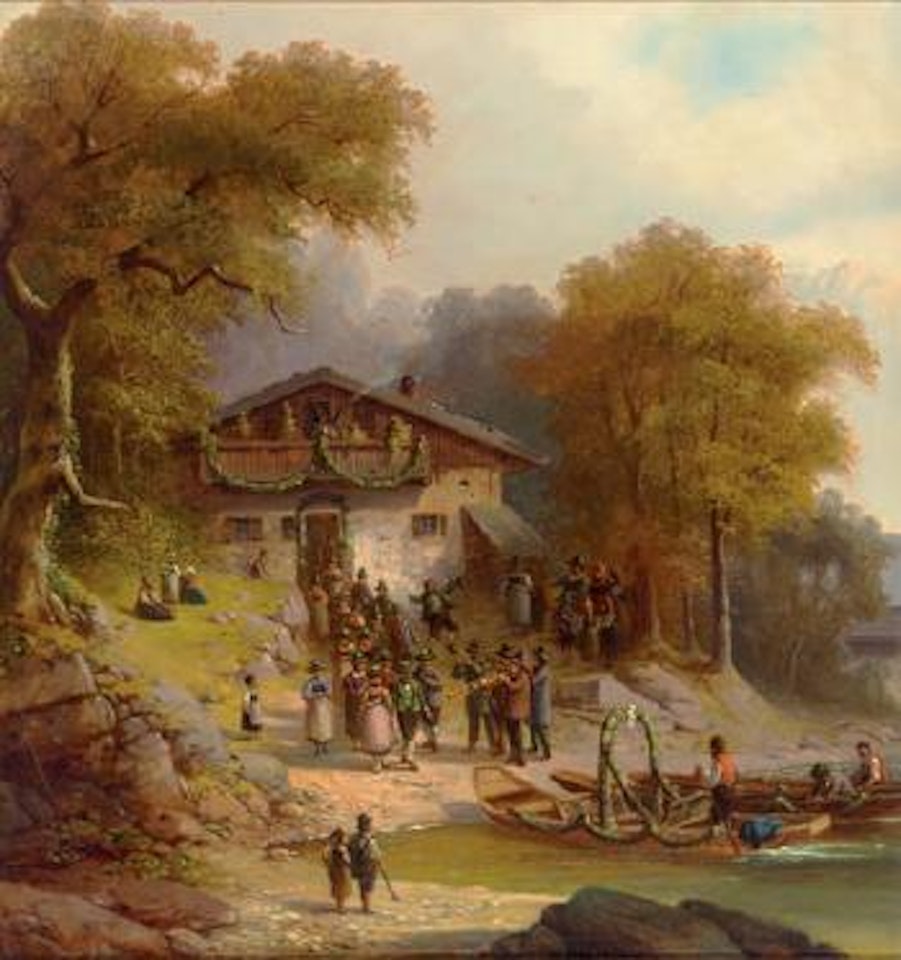 Tegernseer Hochzeitsgesellschaft vor malerischem Gehöft auf dem Weg zum Übersetzen , by Anton Doll
