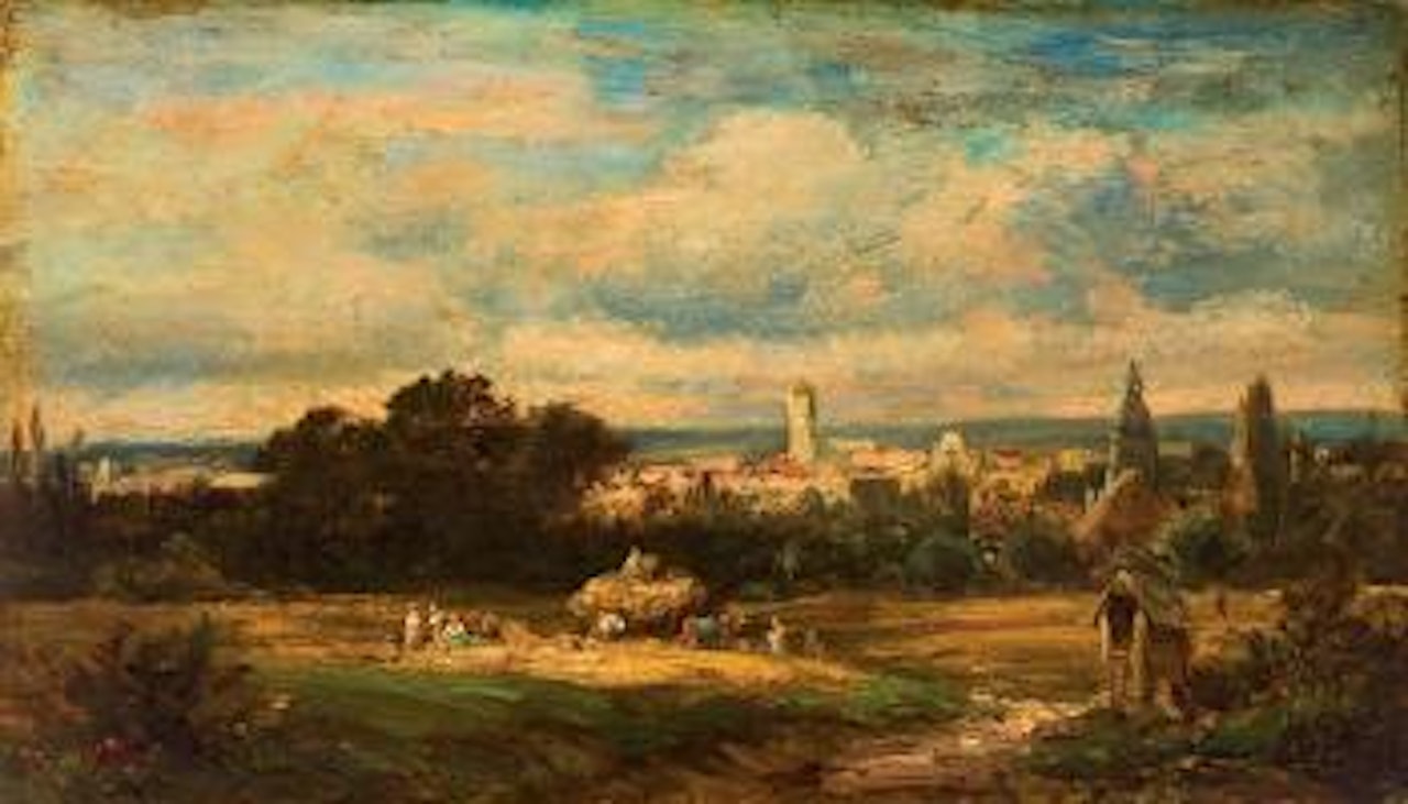 Blick von der Höhe in weite Landschaft mit Landleuten
bei der Heuernte ,
1860
-
1870 by Carl Spitzweg