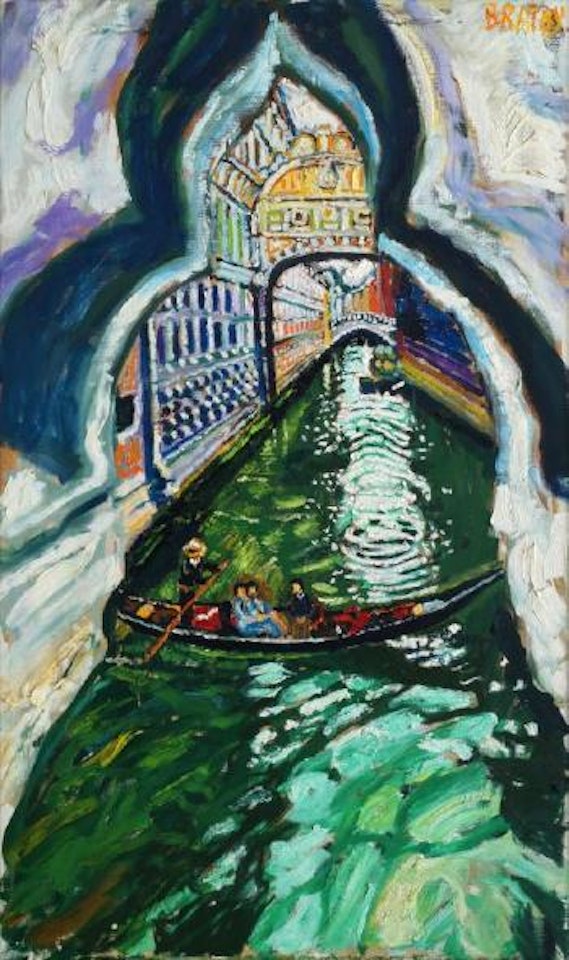 Venetian canal scene viewed through a window , by John Bratby