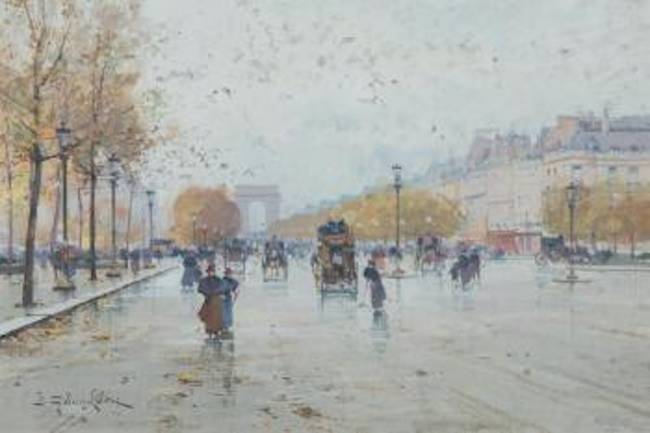 Paris, le rond-point des champs Elysées , by Eugene Galien-Laloue
