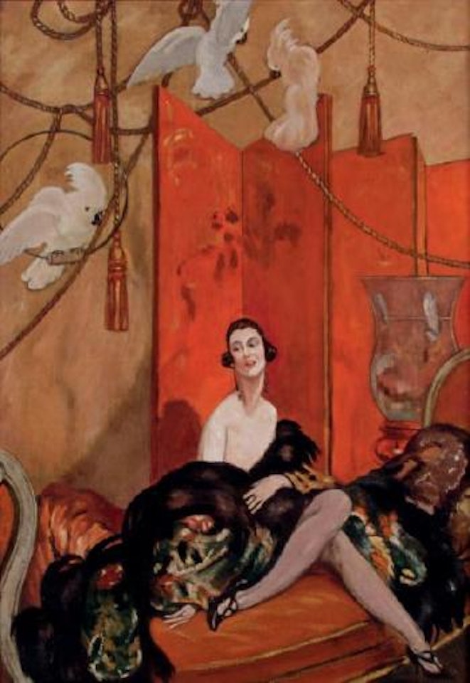 Femme dans un intérieur, avec paravent rouge et cacatoès ,
Circa
1920 by Jean Gabriel Domergue