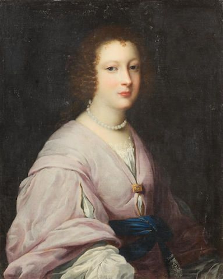 Portrait of a lady, half-length, in a violet dress and a pearl necklace by Florentine School