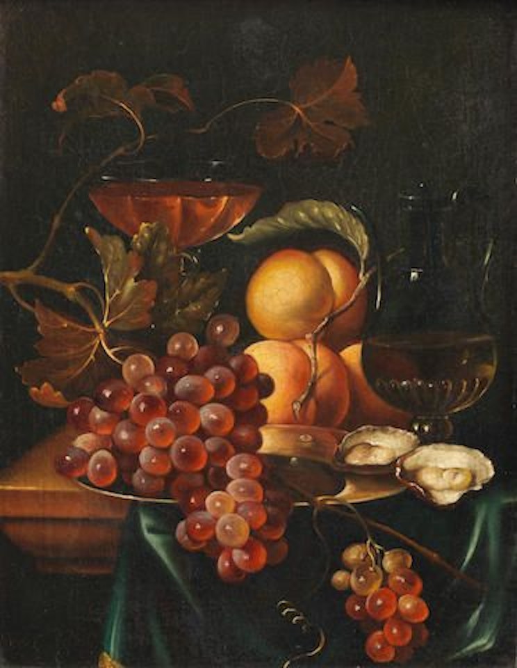 A dish of grapes with oysters, peaches and a glass of wine by German School
