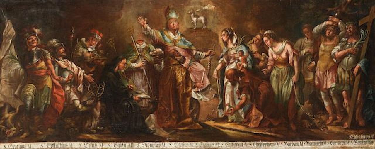Saint Erasmus at the gates of Heaven with Saints George, Eustace, Vitus, Giles, Denis, Blaise, Catherine, Christopher, Barbara, Margaret of Antioch, Cyriacus, Bartholomew and Ignatius of Antioch by German School