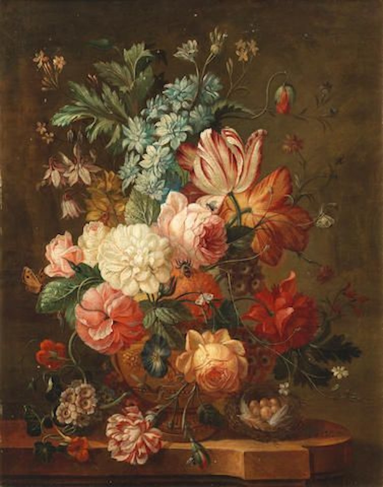 Roses, tulips, chrysanthemums and other flowers in a bronze urn by Dutch School