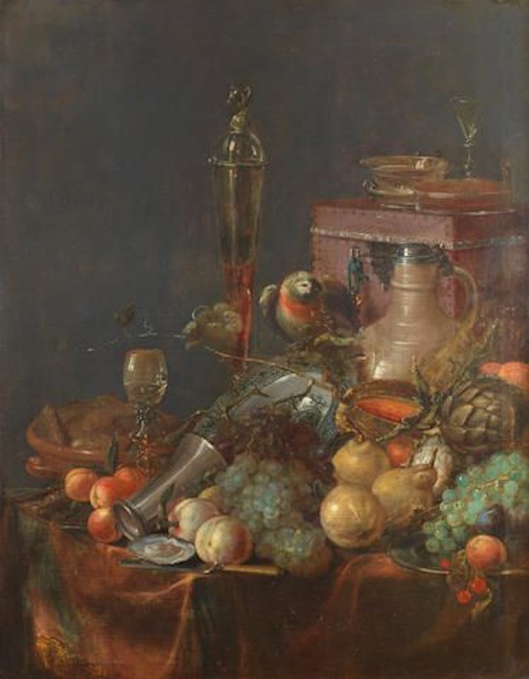 Fruit, oysters, glasses of wine with a parrot perched on a wanli kraak bowl before an earthenware jug by Dutch School