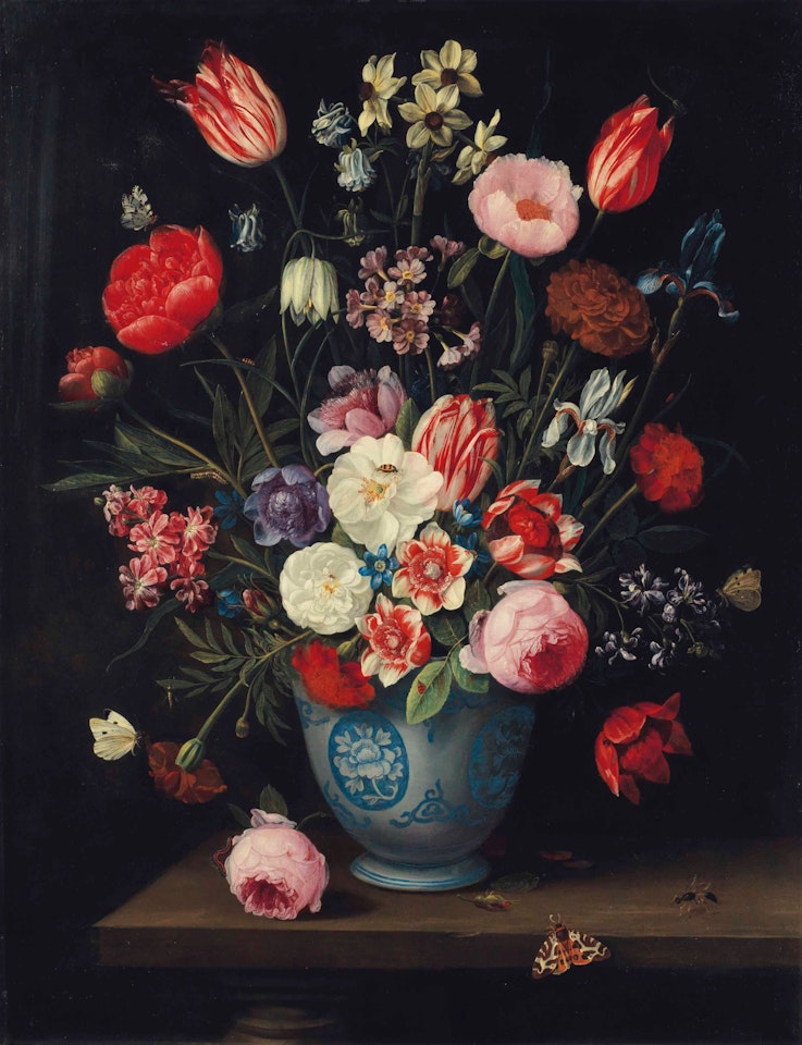 Roses, tulips, carnations an iris and other flowers in a Chinese transitional blue and white jardiniere with moths and other insects on a ledge by Jan Van Kessel The Elder