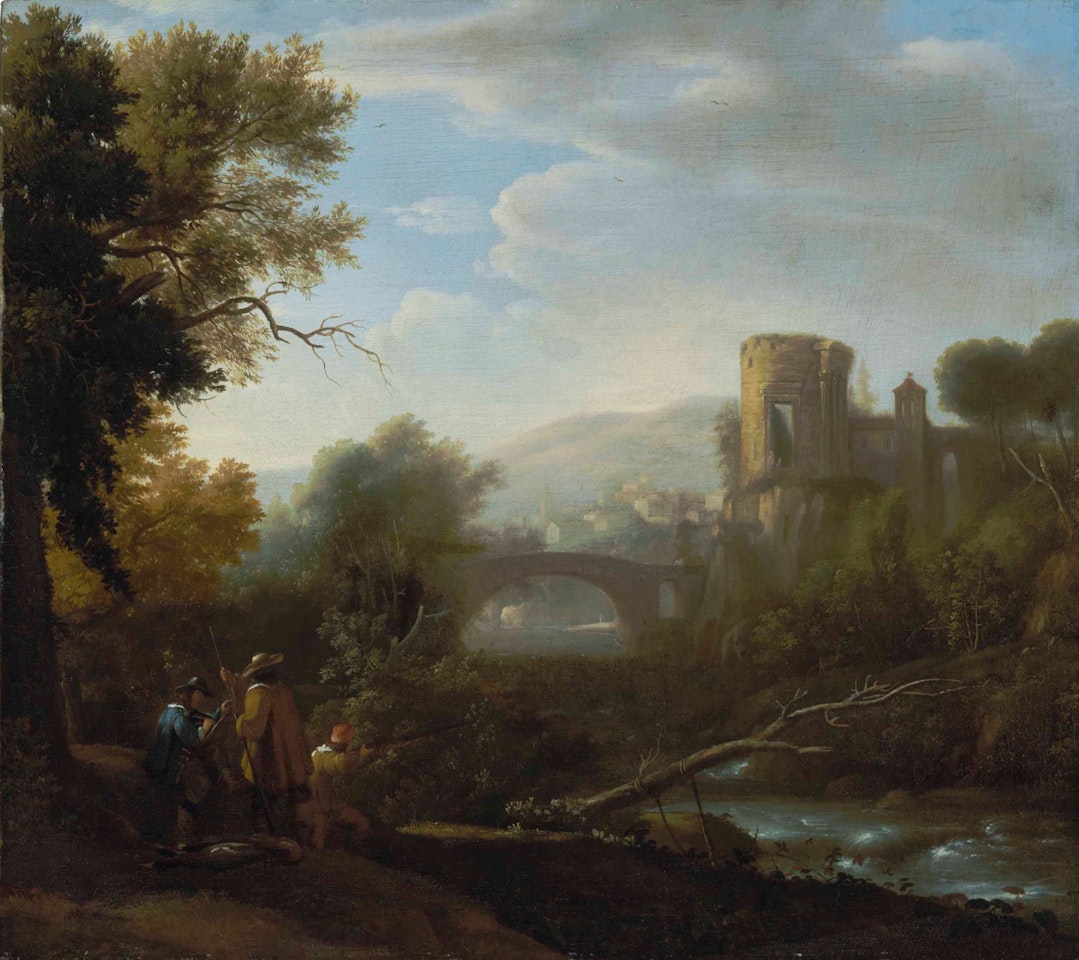 A landscape with Tivoli and the Temple of Vesta, hunters and an artist sketching in the foreground by Claude Lorrain