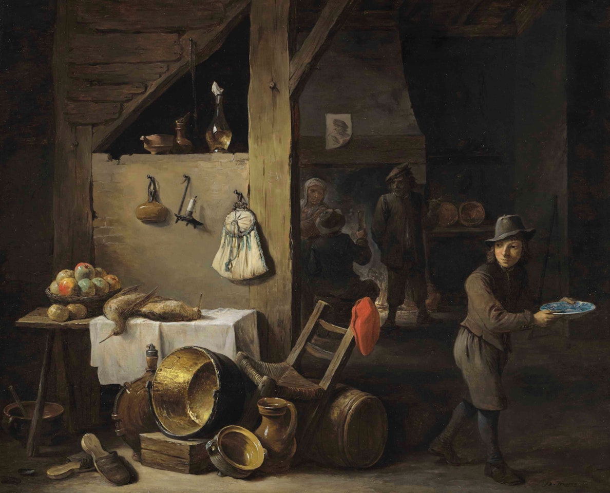 A kitchen interior with a young boy and three figures drinking and smoking in the background by David Teniers II