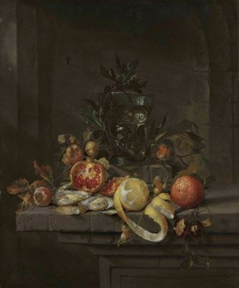Pomegranates, chestnuts, a walnut, an orange, and a partially peeled lemon, with oysters and a roemer, on a stone ledge, in a niche by Cornelis de Heem