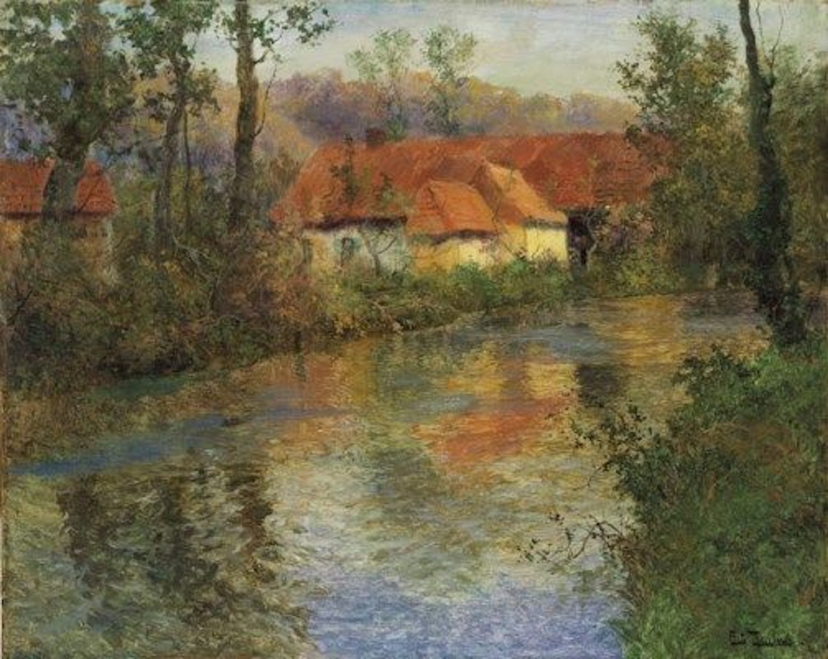 Ferme aux toits rouges sur les bords de l’Arques, fin d’été by Fritz Thaulow