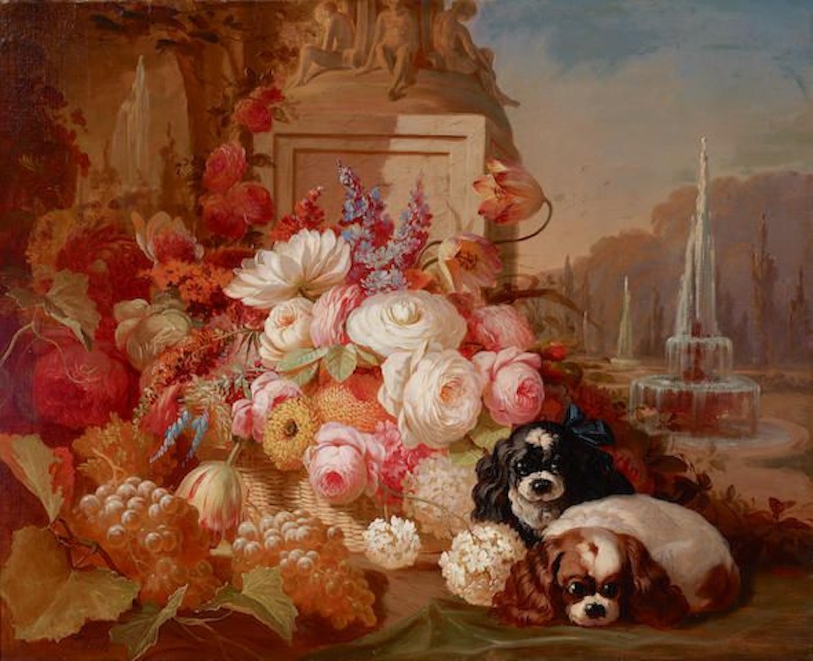 Two Blenheim Cavalier King Charles Spaniels with Flowers by Thomas Hill