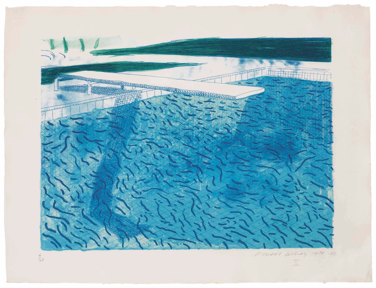 Lithograph of Water made of thick and thin lines and a light blue and a dark blue wash by David Hockney