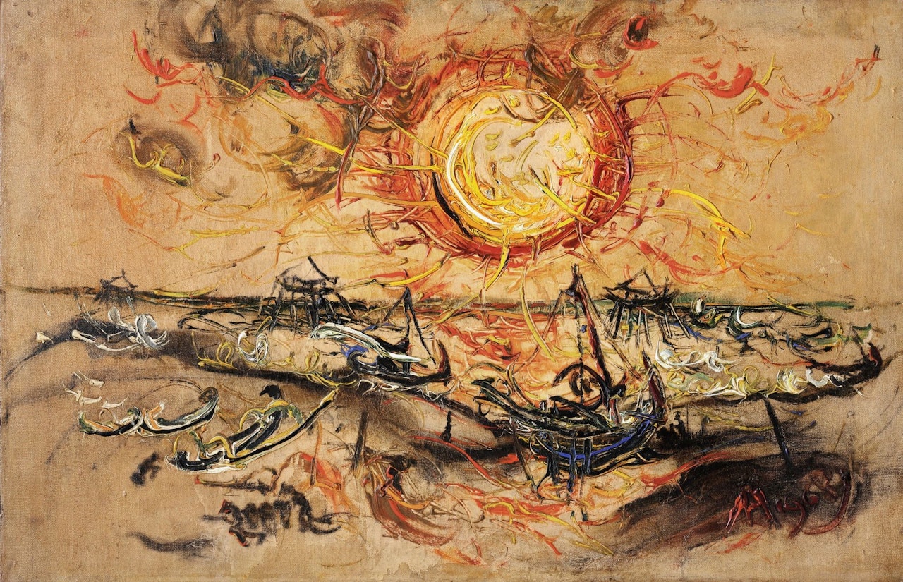 BOATS AND SUNRISE by Affandi
