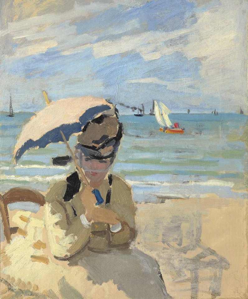 Camille assise sur la plage àTrouville by Claude Monet