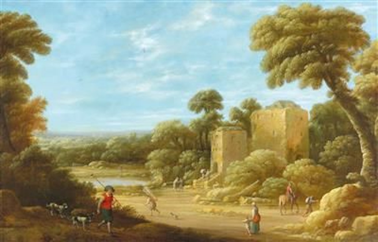 A wide landscape with figures in front of a ruin by Joost Cornelisz Droochsloot