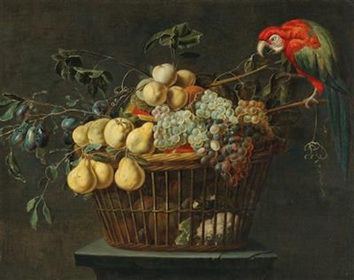 Still life of a basket of fruit with a parrot by Adriaen van Utrecht