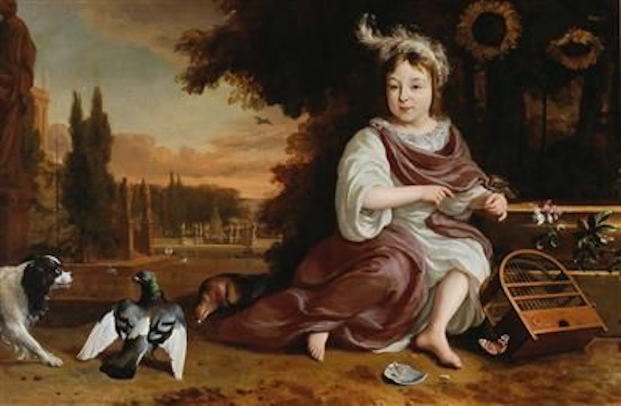 Portrait of a boy in a park landscape, with a birdcage and a dog by Jan Weenix