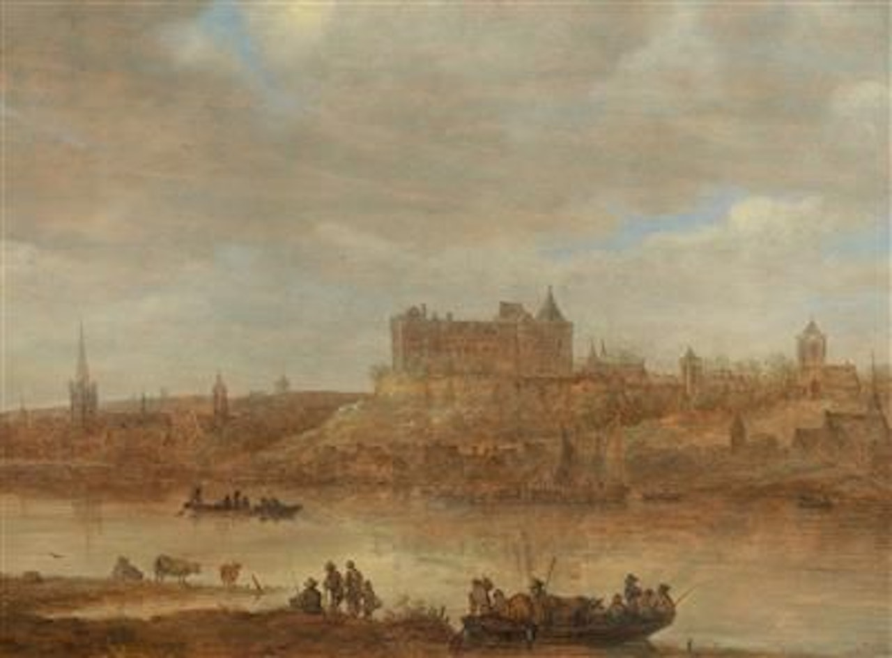 A river landscape with a ferry boat and a castle by a town beyond by Jan van Goyen