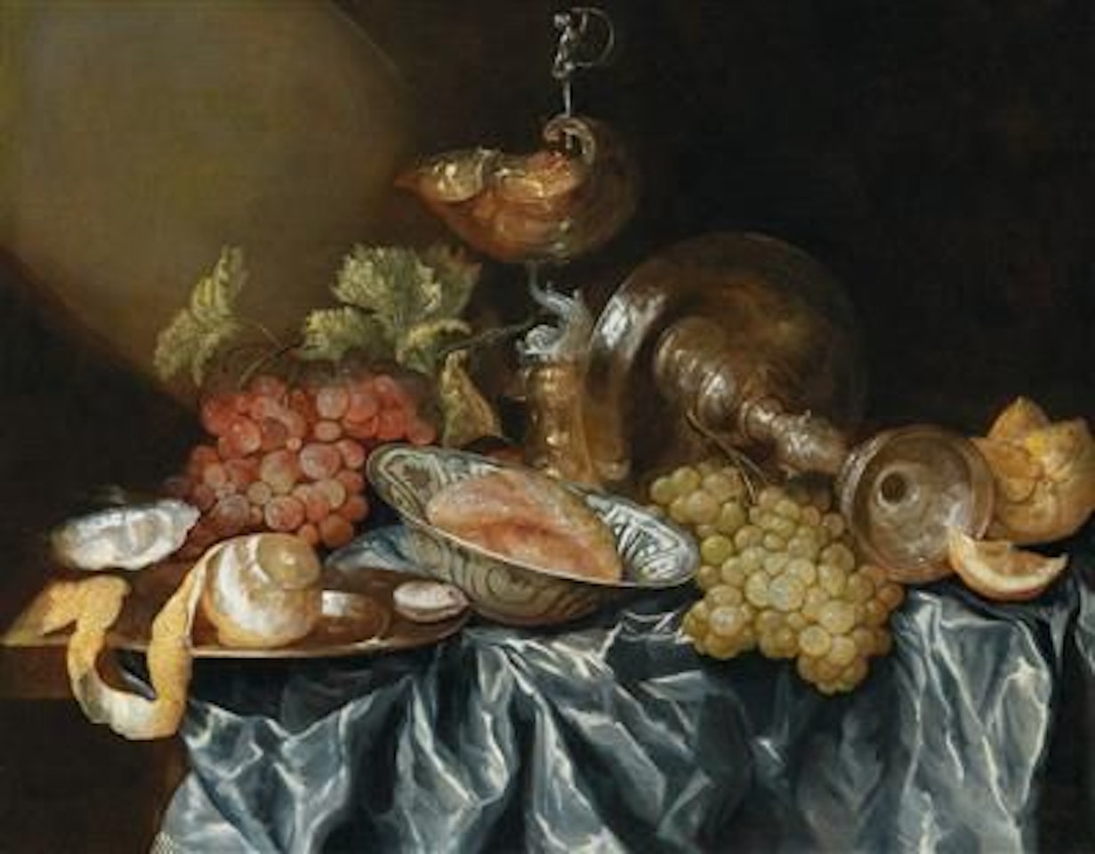 A still life of fruit, Chinese porcelain and silver by Abraham van Beijeren