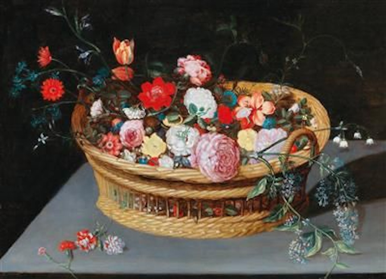 A basket with spring flowers on a stone table by Jan Brueghel the Younger