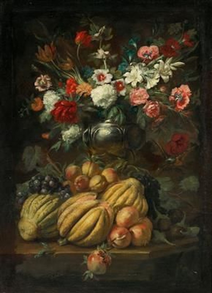 Flowers in a vase and fruit on a table by Abraham Brueghel