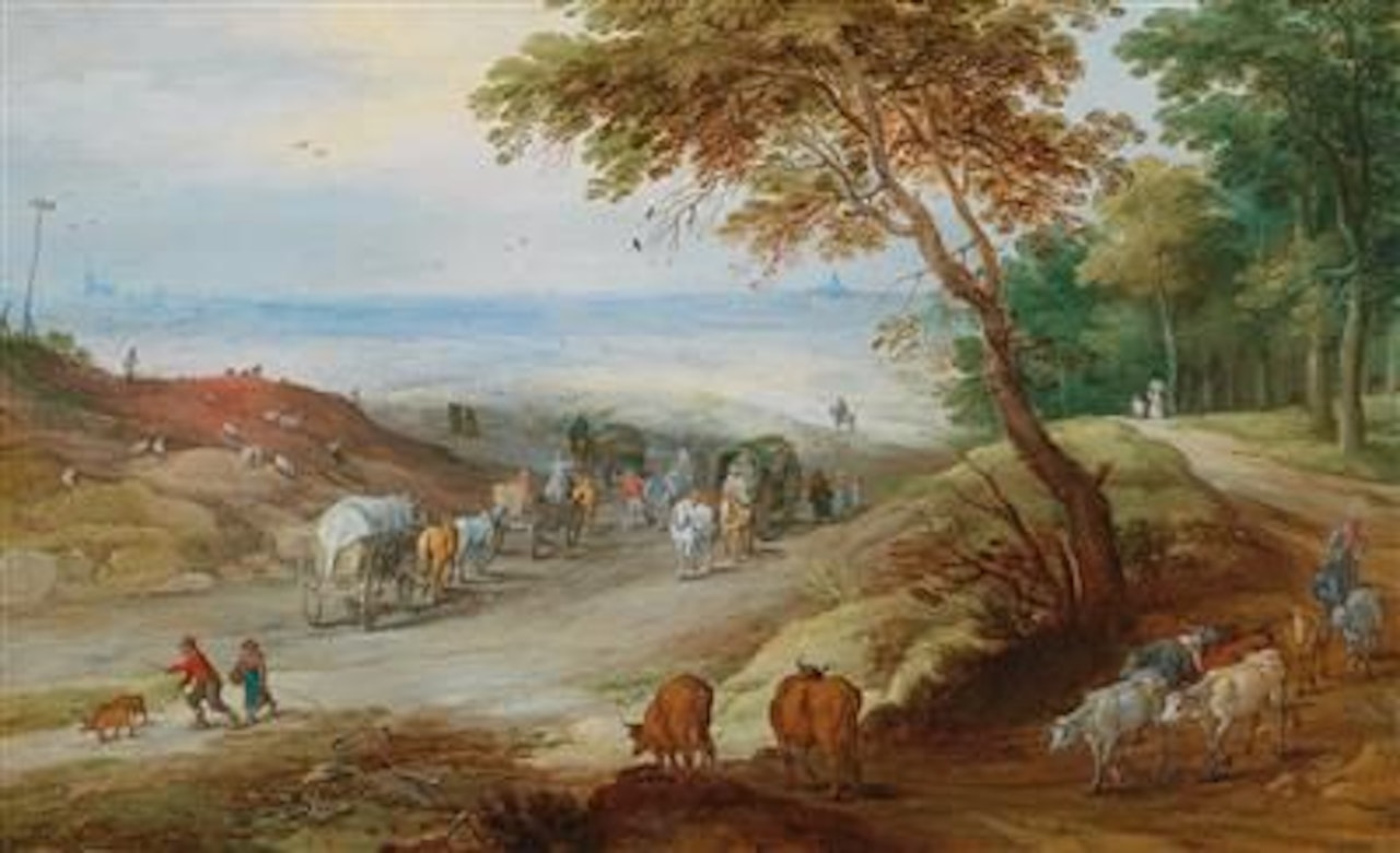 An extensive hilly landscape with travellers on a path and cattle in the foreground by Jan Brueghel the Younger