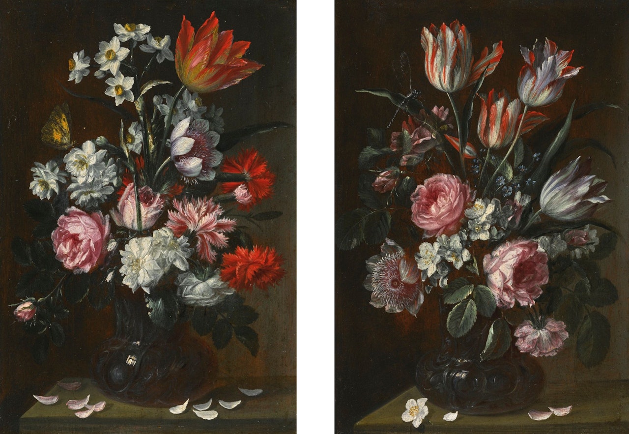 STILL LIFE OF NARCISSI, ROSES AND CARNATIONS IN A GLASS VASE ON A LEDGE, WITH A BUTTERFLY; STILL LIFE OF TULIPS, ROSES AND OTHER FLOWERS IN A GLASS VASE ON A LEDGE, WITH A DRAGONFLY by Flemish School