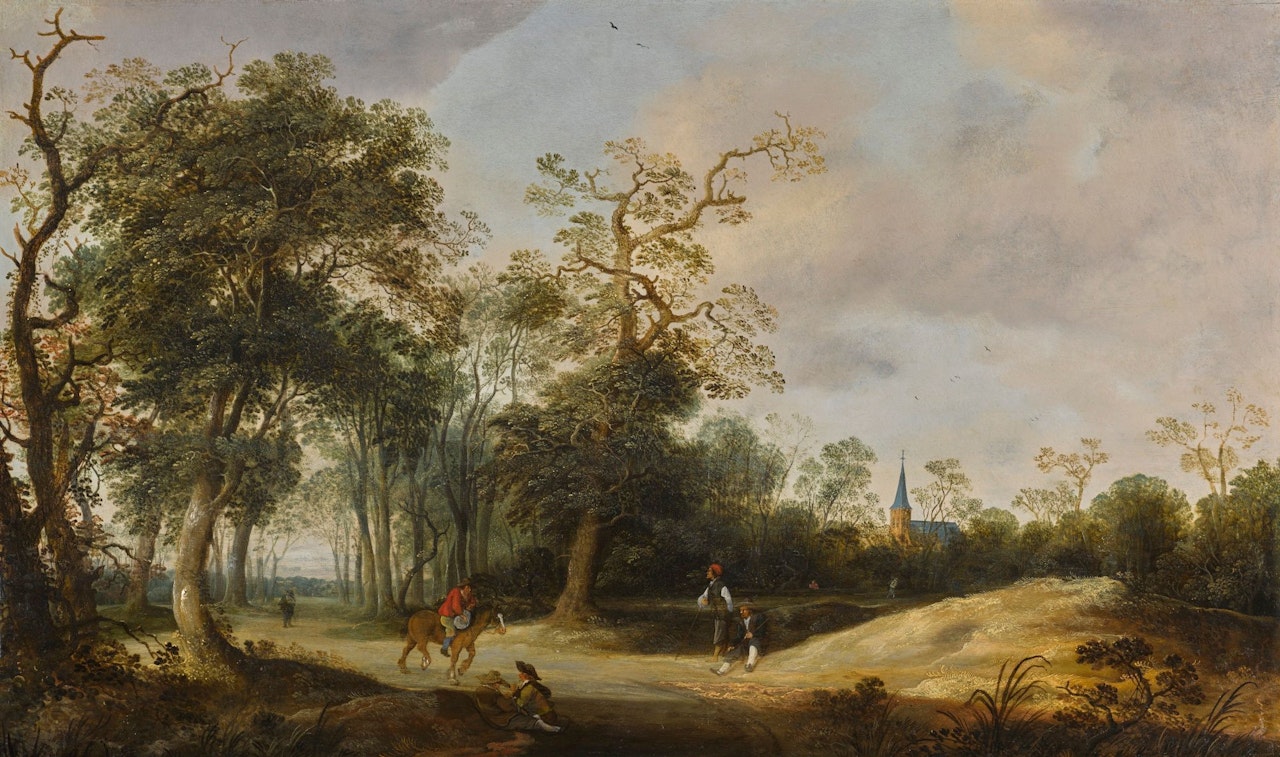 LANDSCAPE WITH TRAVELLERS ON A PATH, A CHURCH BEYOND by Dutch School