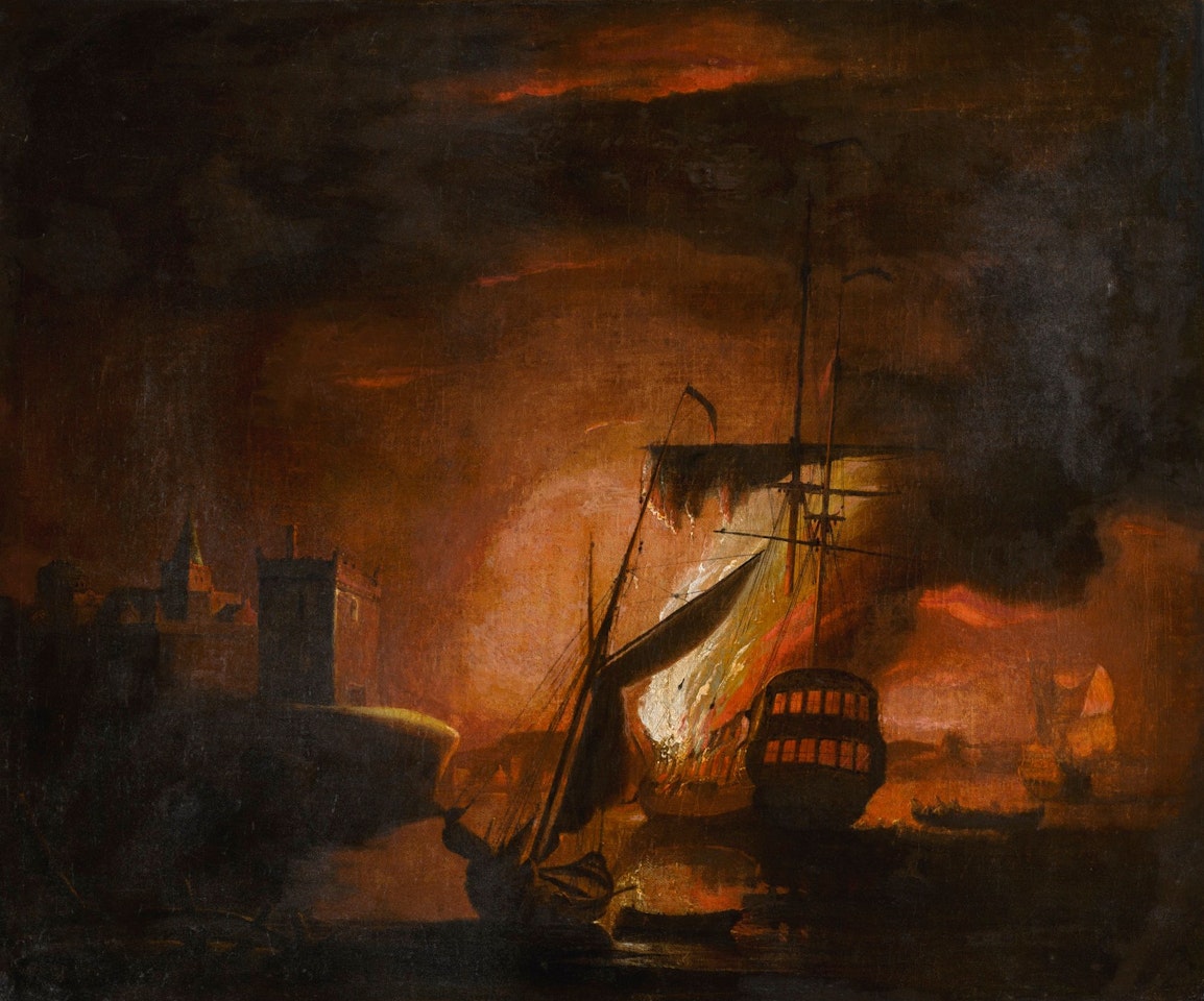 A SHIP ON FIRE AT NIGHT by Peter Monamy