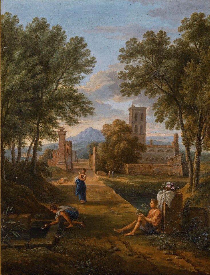 ITALIAN LANDSCAPE WITH FIGURES ON A PATH, A TOWN BEYOND by Roman School