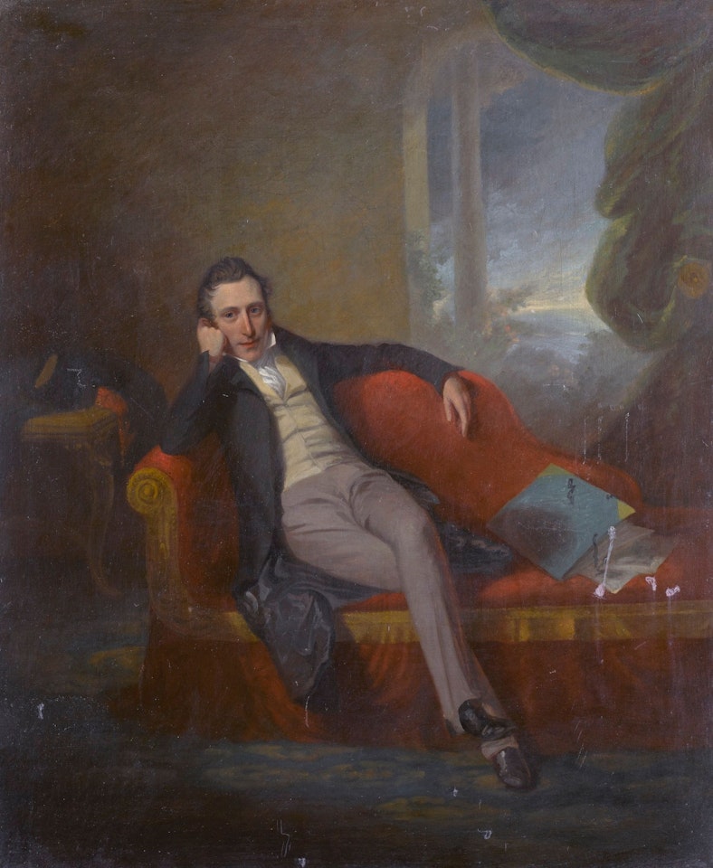 PORTRAIT OF A GENTLEMAN, SEATED ON A CHAISE-LONGUE, A LANDSCAPE BEYOND by George Chinnery