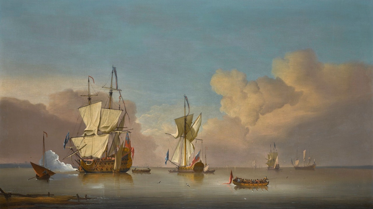 THE EVENING GUN: MEN-O'-WAR AND BARGES IN A CALM SEA by Peter Monamy