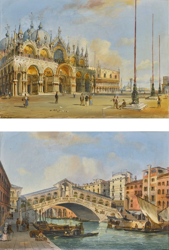 VENICE, A VIEW OF THE BASILICA DI SAN MARCO; VENICE, A VIEW OF THE RIALTO BRIDGE FROM THE SOUTH by Carlo Grubacs