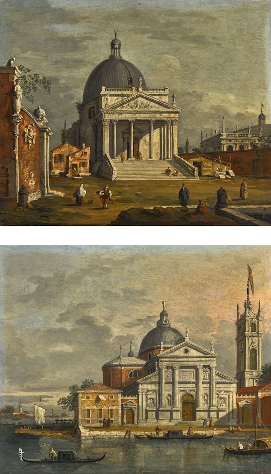 VENICE, A CAPRICCIO VIEW OF SAN GIORGIO MAGGIORE; VENICE, A CAPRICCIO VIEW OF SAN SIMEONE PICCOLO by Follower of Canaletto