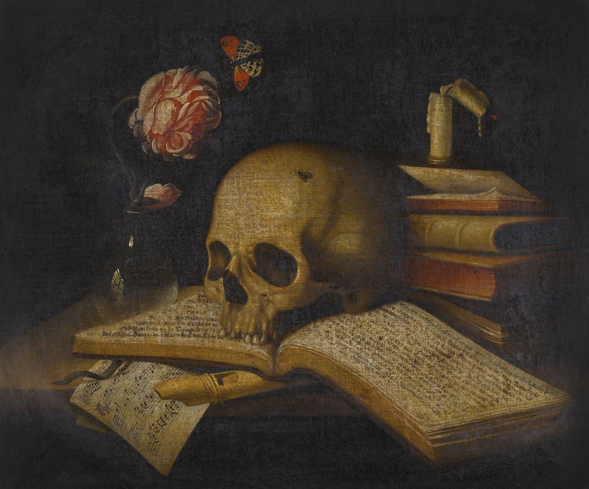 A MEMENTO MORI WITH A SKULL, MUSIC BOOK AND RECORDER by German School