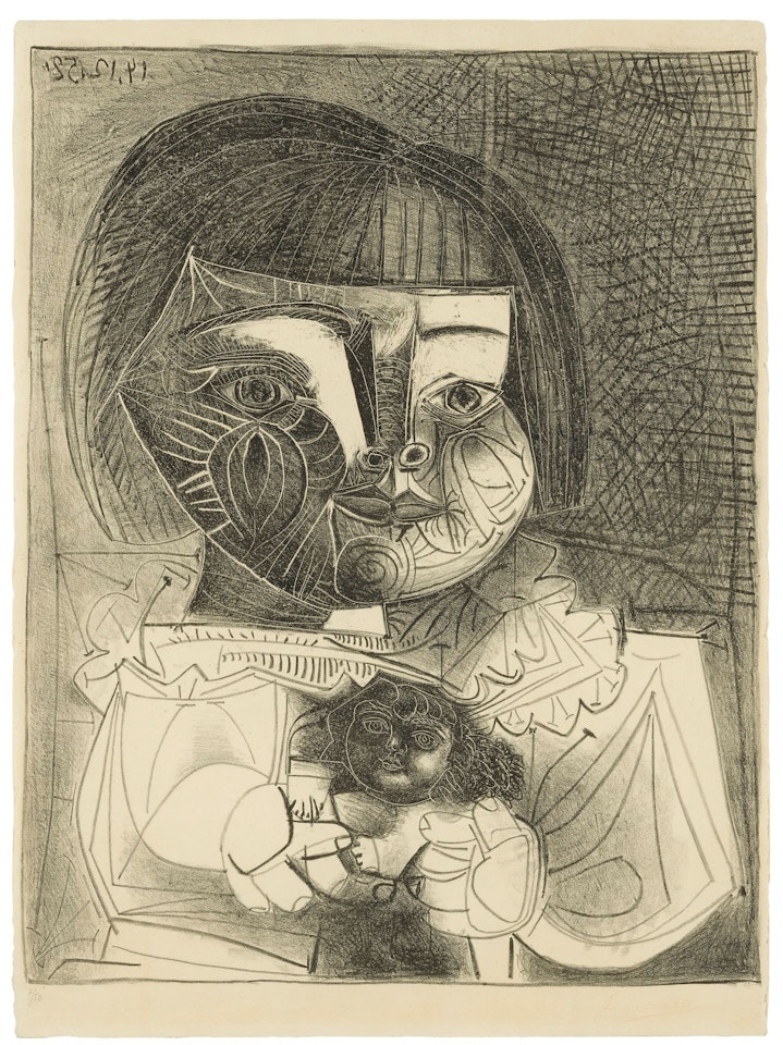 PALOMA ET SA POUPÉE SUR FOND NOIR (B. 727; MOURLOT 229) by Pablo Picasso