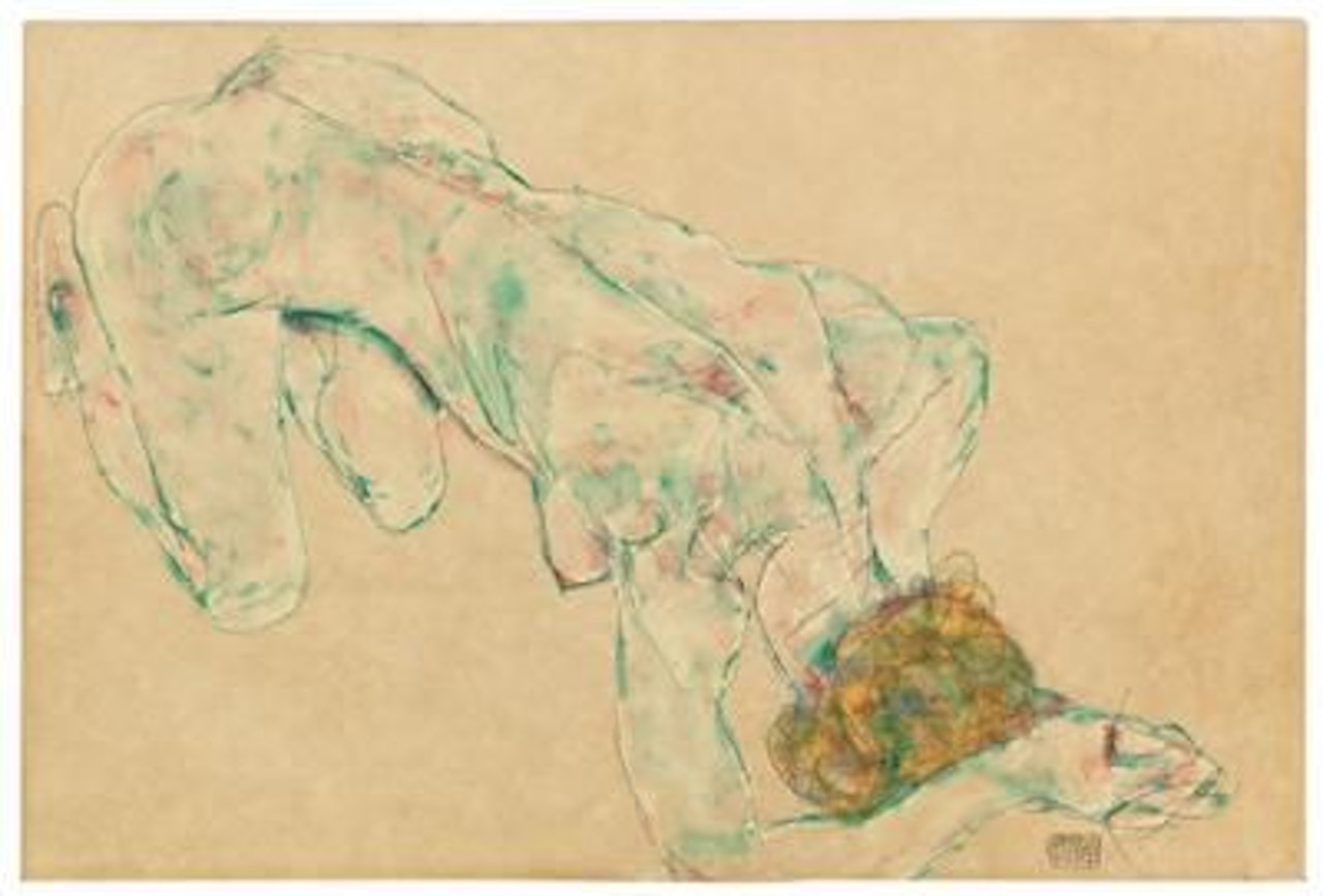 Kneeling female nude;  on the other side: reclining female nude by Egon Schiele