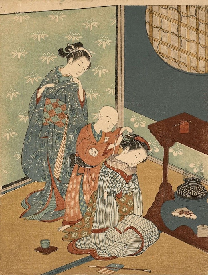 Geisha looking at a child wearing another geisha by Suzuki Harunobu