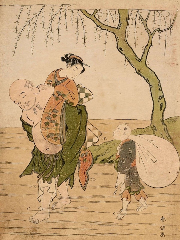 Hotei fording, carrying a young woman and crossing a river  by Suzuki Harunobu