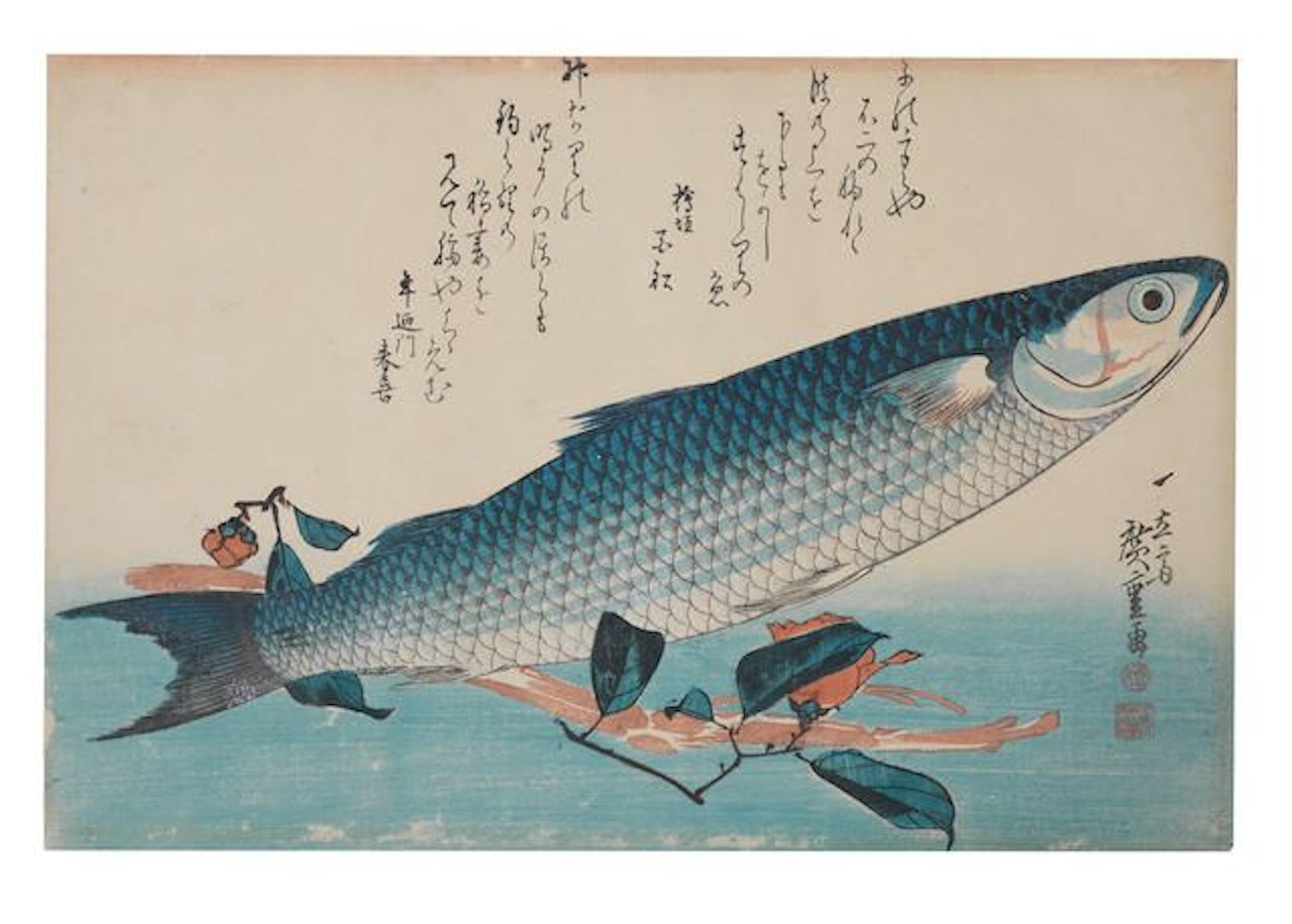 bora, tsubaki and udo (grey mullet, camellia and udo) by Utagawa Hiroshige