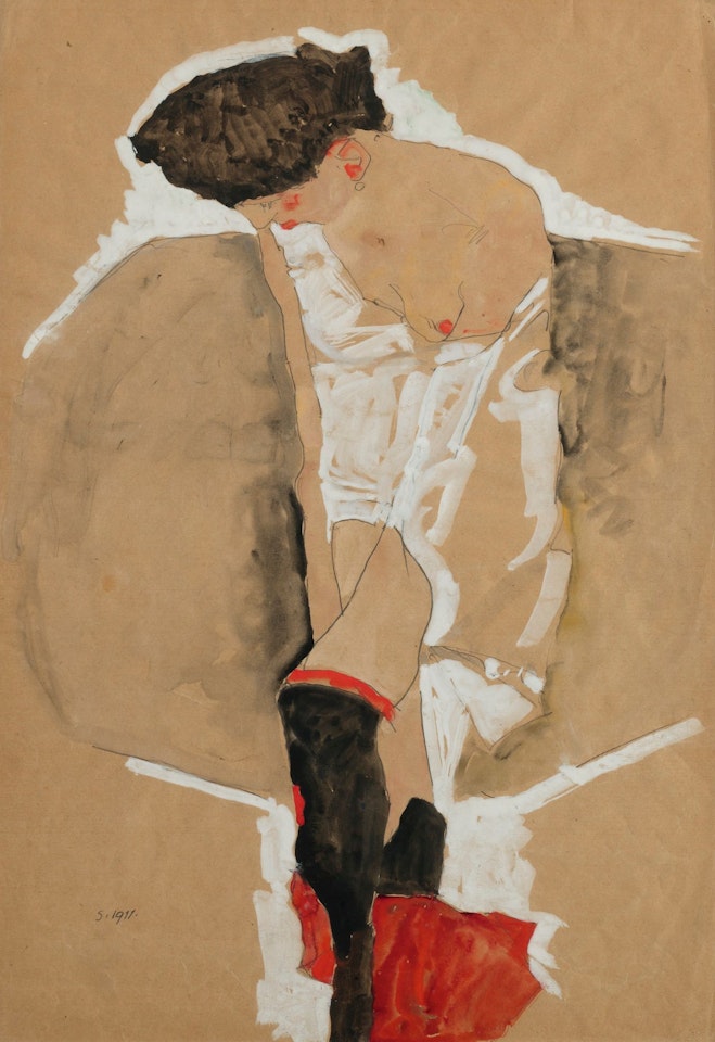 STEHENDES MÄDCHEN IM HEMD, MIT SCHWARZEN STRÜMPFEN UND ROTEM TUCH (STANDING FEMALE IN SHIRT WITH BLACK STOCKINGS AND RED SCARF) by Egon Schiele