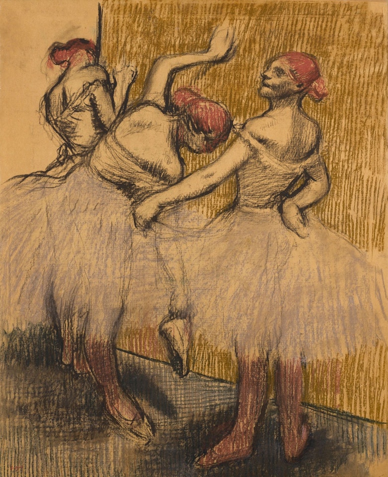 TROIS DANSEUSES DEBOUT PRÈS D'UN PORTANT by Edgar Degas