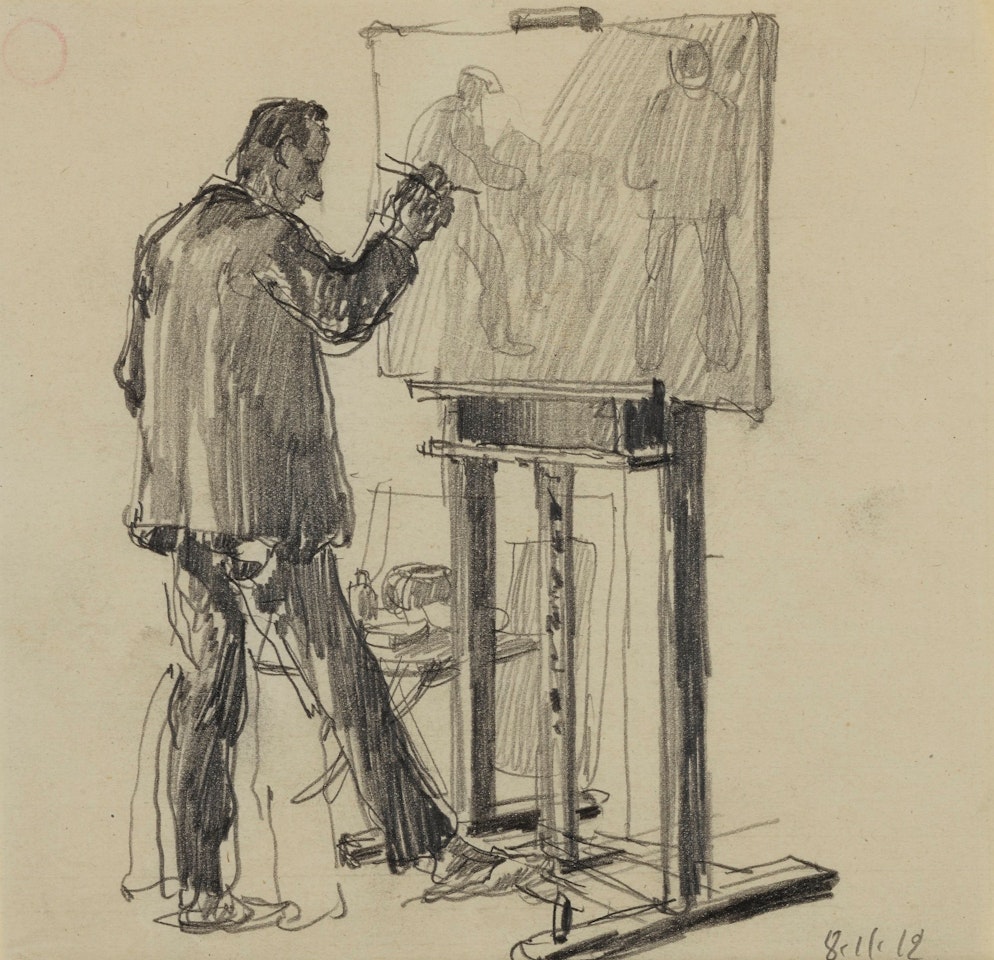 STUDIO BERLIN SÜDENDE-HERBERT FIEDLER AN DER STAFFELEI (STUDIO BERLIN SÜDENDE-HERBERT FIEDLER AT THE EASEL) by George Grosz