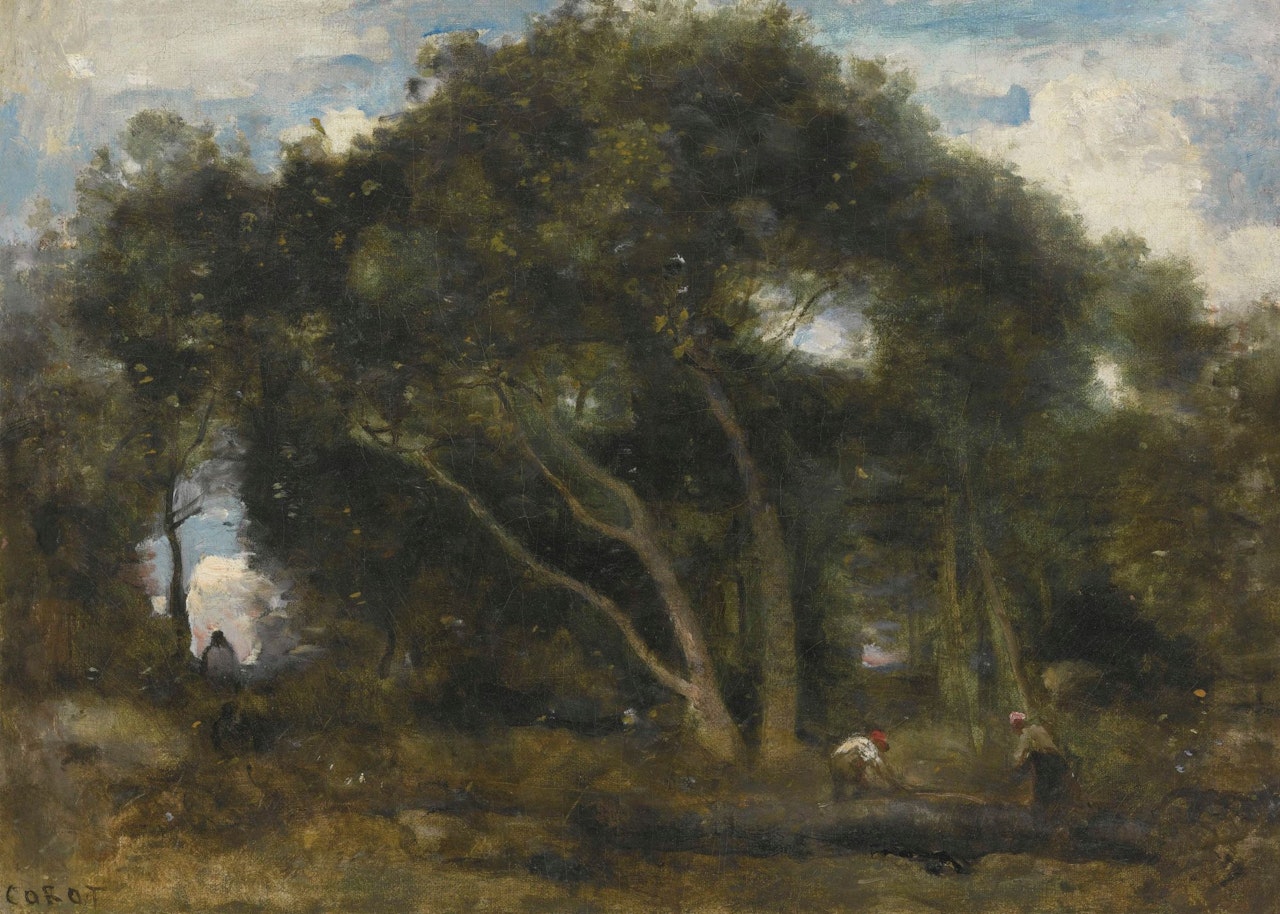 FONTAINEBLEAU - CHÊNES INCLINÉS DANS UNE ÉCLAIRCIE DE FORÊT by Jean Baptiste Camille Corot