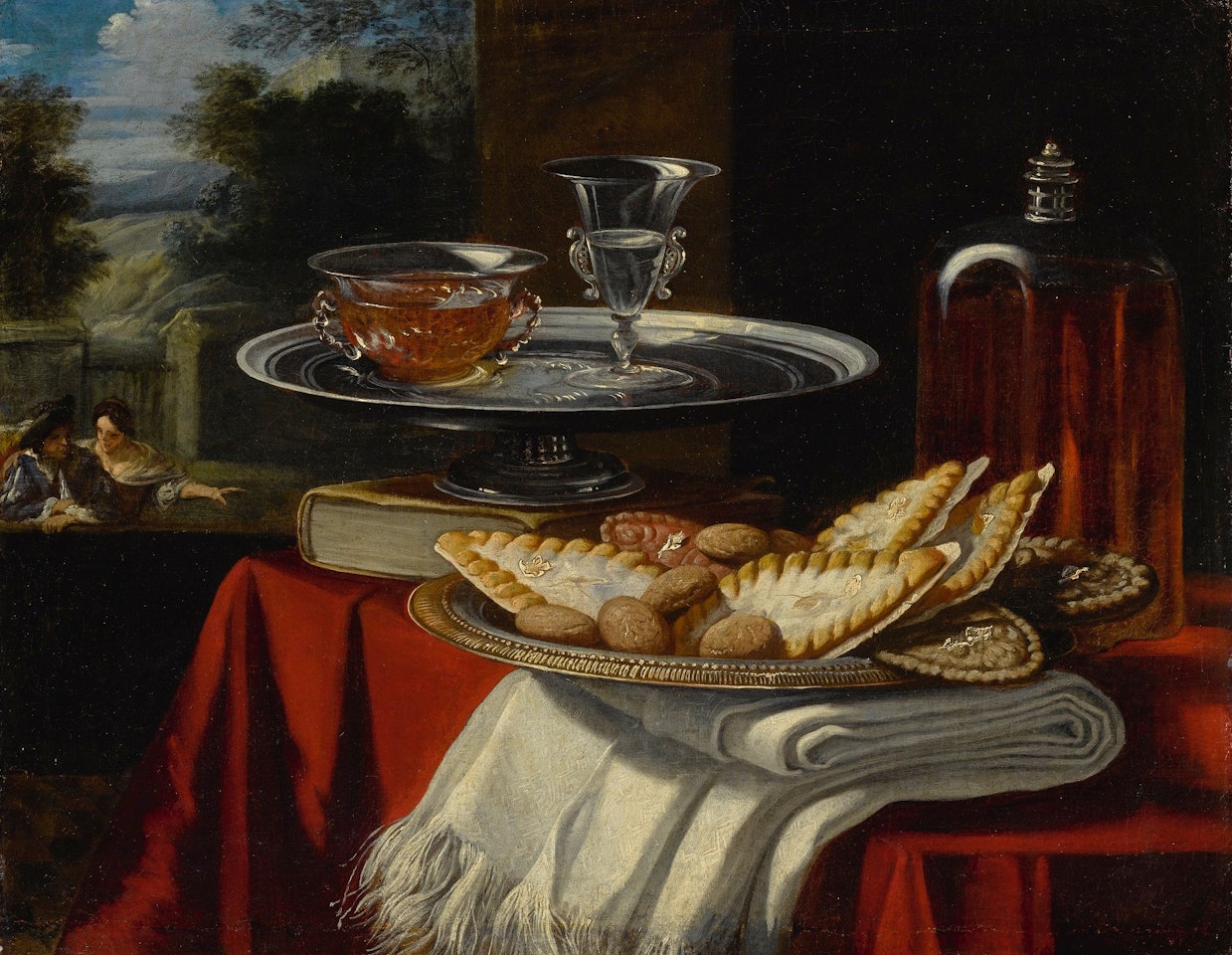 STILL LIFE OF A SILVER TRAY WITH SWEETS UPON A FOLDED WHITE CLOTH, A SILVER TRAY BEYOND IT WITH TWO CRYSTAL GLASSES UPON IT, ALL ON A TABLE DRAPED WITH A RED CLOTH, A WINDOW WITH A LANDSCAPE AND TWO FIGURES BEYOND by Pier Francesco Cittadini