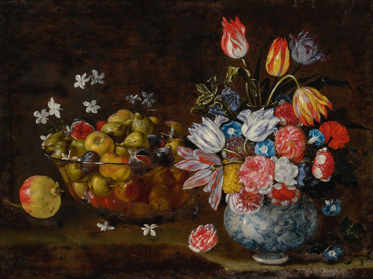 STILL LIFE OF A VASE OF FLOWERS AND GLASS BOWL WITH FRUIT by Giuseppe Recco