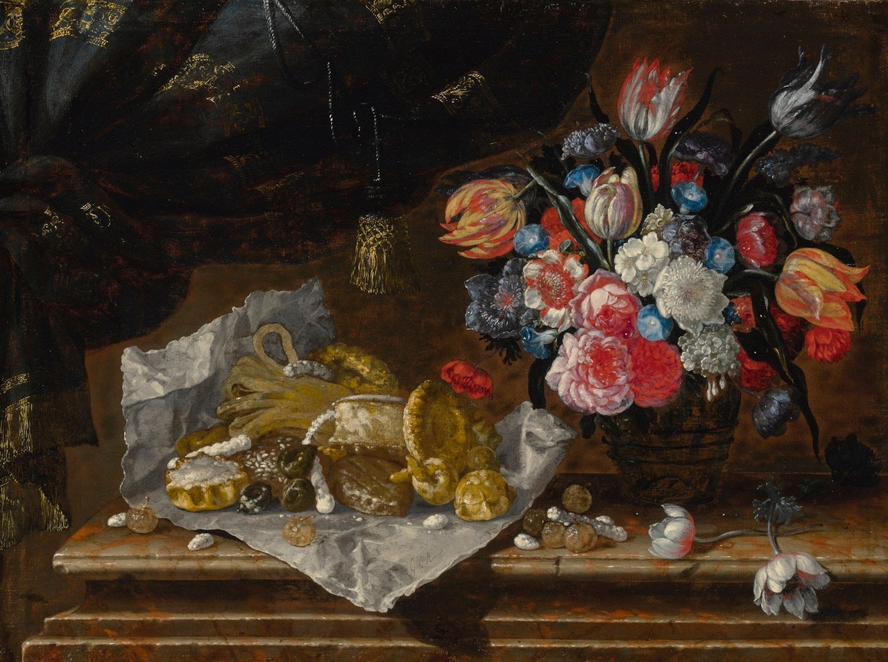 STILL LIFE OF A VASE OF FLOWERS AND SWEETS by Giuseppe Recco